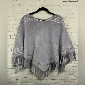 Gray Suede Leather Poncho Fringe Embroidered Western Medium Margaret Godfrey